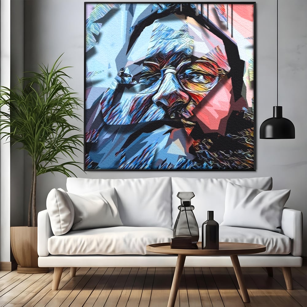 Tablou canvas cu tablou canvas cu chip abstract, in rama de aluminiu negru, pe perete intr-un living